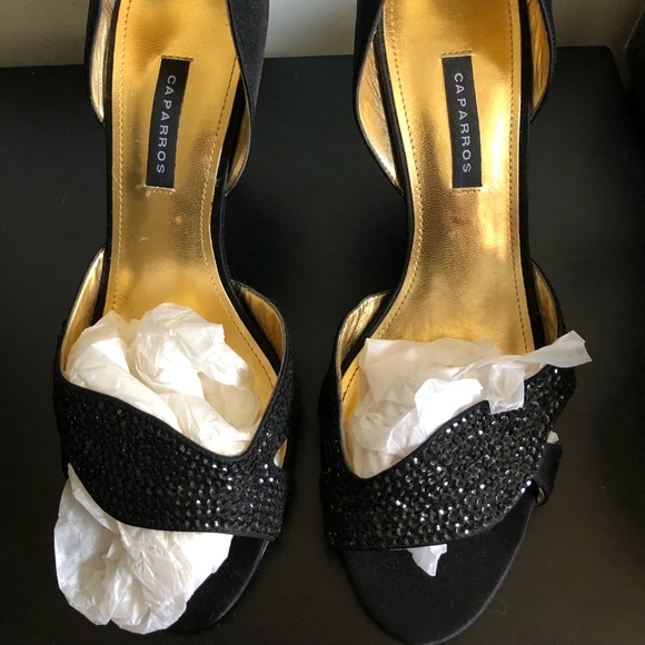 NWOT Caparros Black Beaded Open Toe Heels, 8.5 - Picture 2 of 8